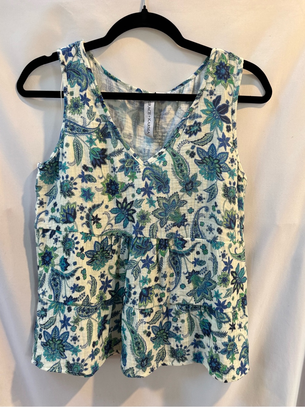 Grace + Karma Boho Floral Paisley Tiered Peplum TankTop V-Neck Size S Blue Green